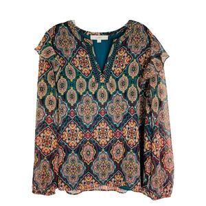 Loft green red geometric boho lace ruffle chiffon preppy top large